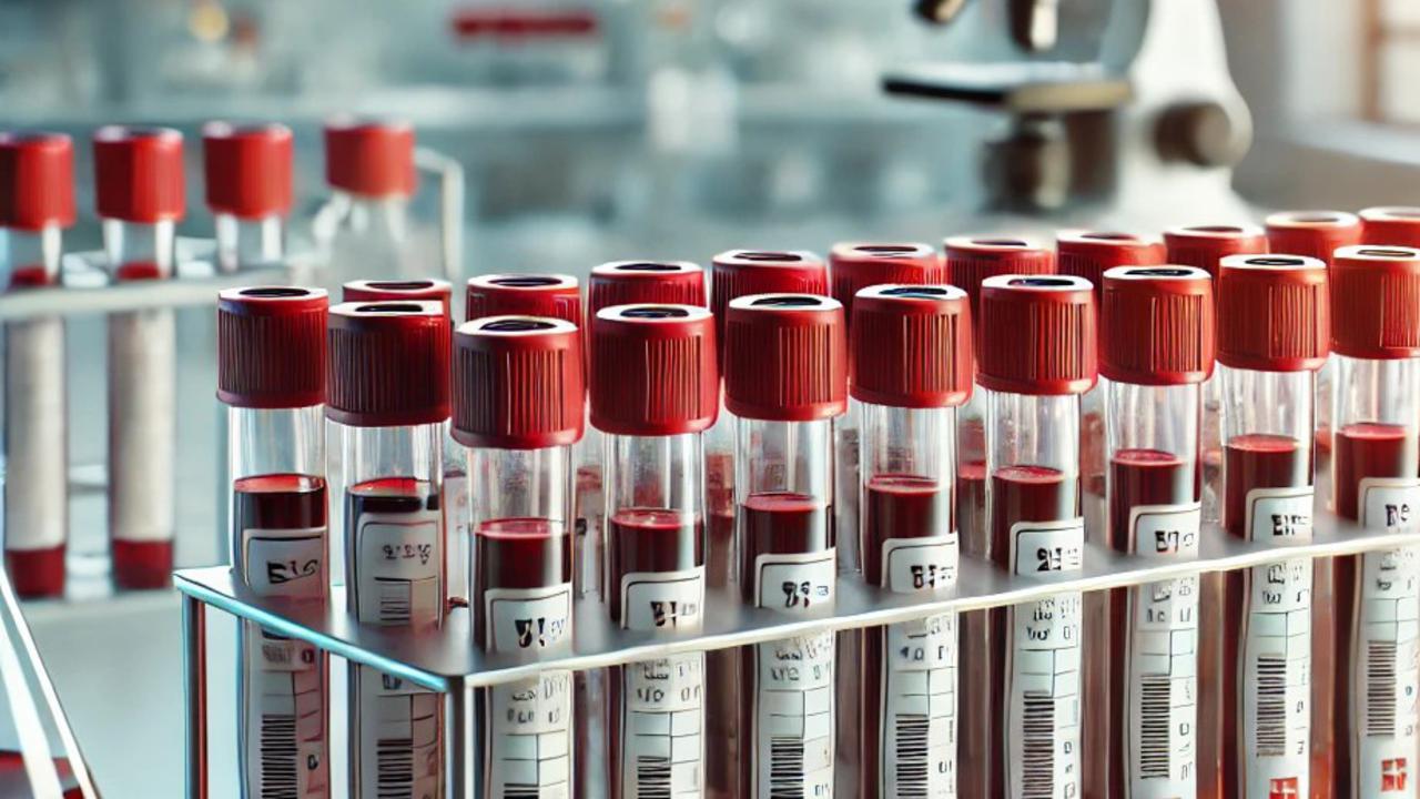 En rad blodprovsrör fyllda med blod