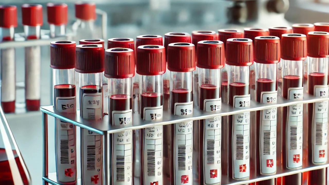 En rad blodprovsrör fyllda med blod