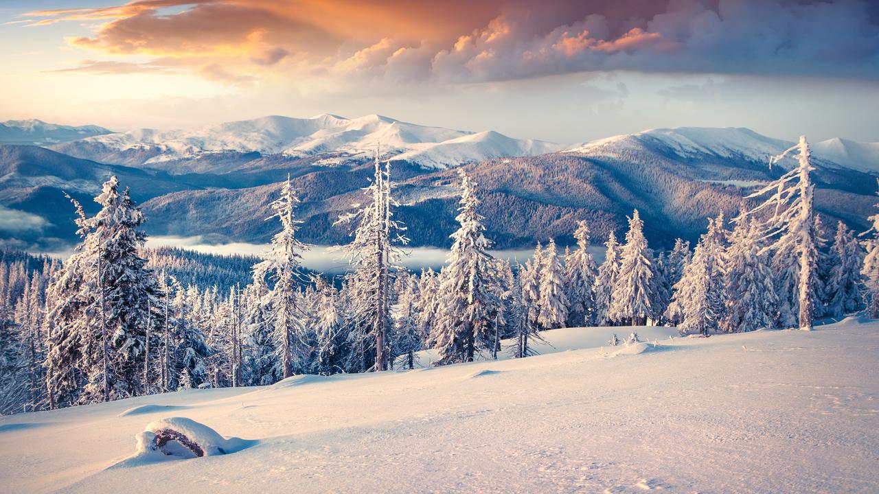 Färgstarkt vinterlandskap i soluppgång.