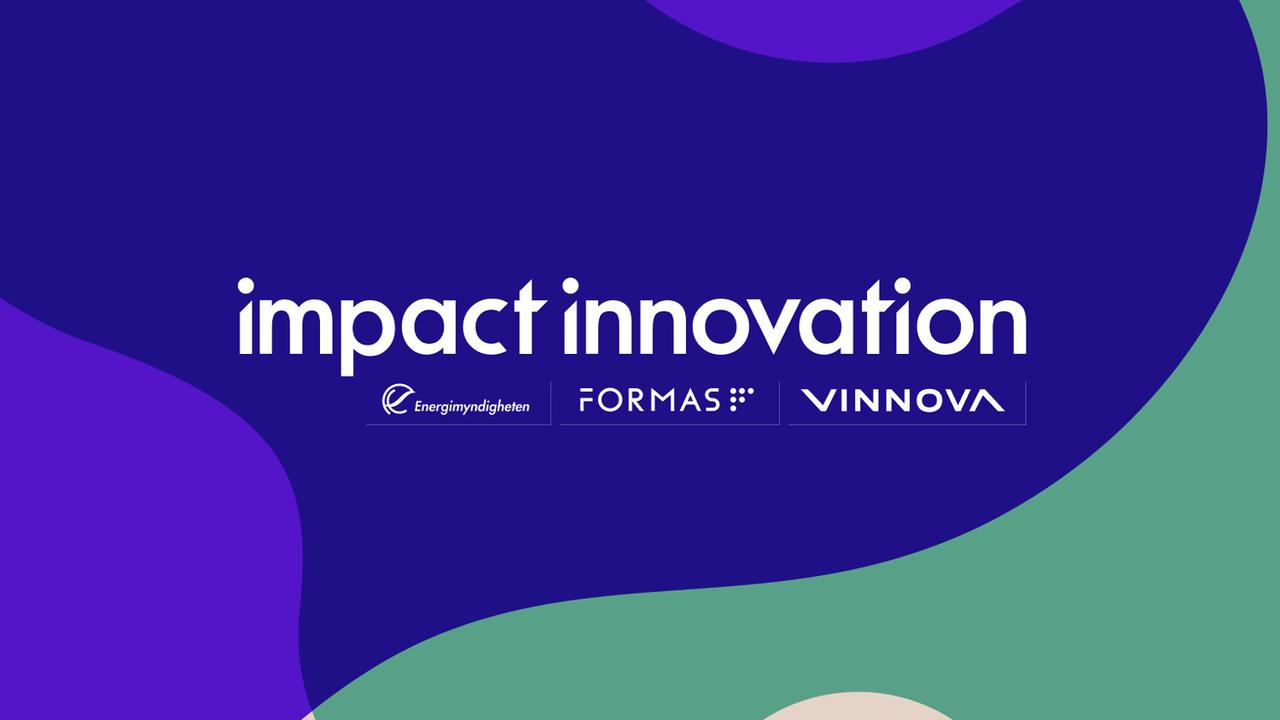 Lila bakgrund med mjuka former text med Impact Innovation på samt loggor för energimyndigheten, formas och vinnova