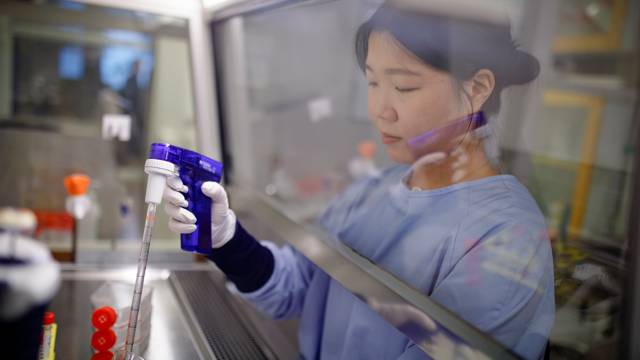 Hayoung Lee sitter vid dragskåpet på cellodlingslabbet och pipetterar cellodlingsmedium ur en flaska.