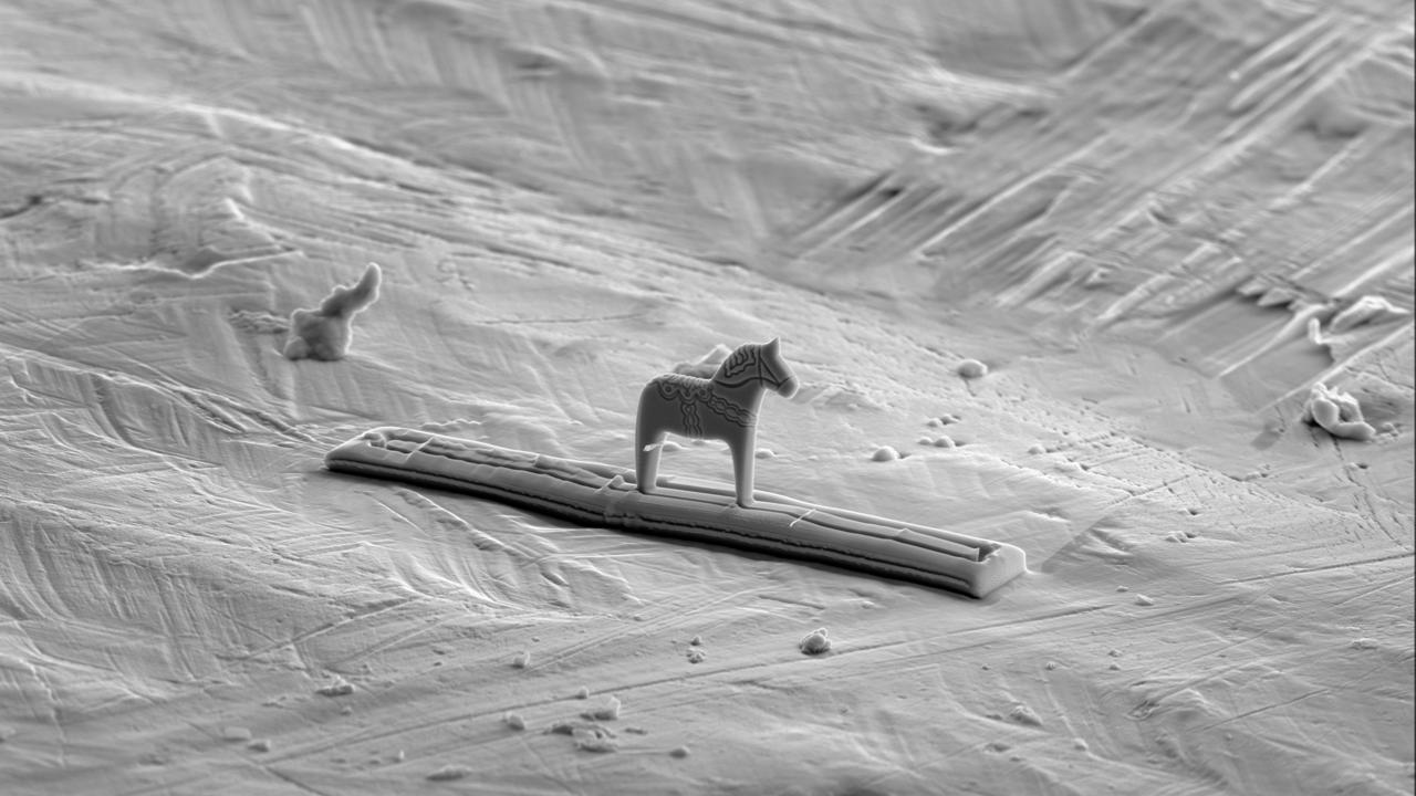 En mikroskopisk dalahäst, med sin karaktäristiska form och mönster