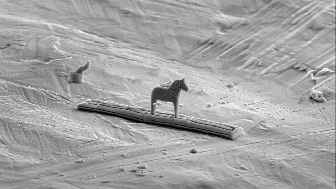 En mikroskopisk dalahäst, med sin karaktäristiska form och mönster