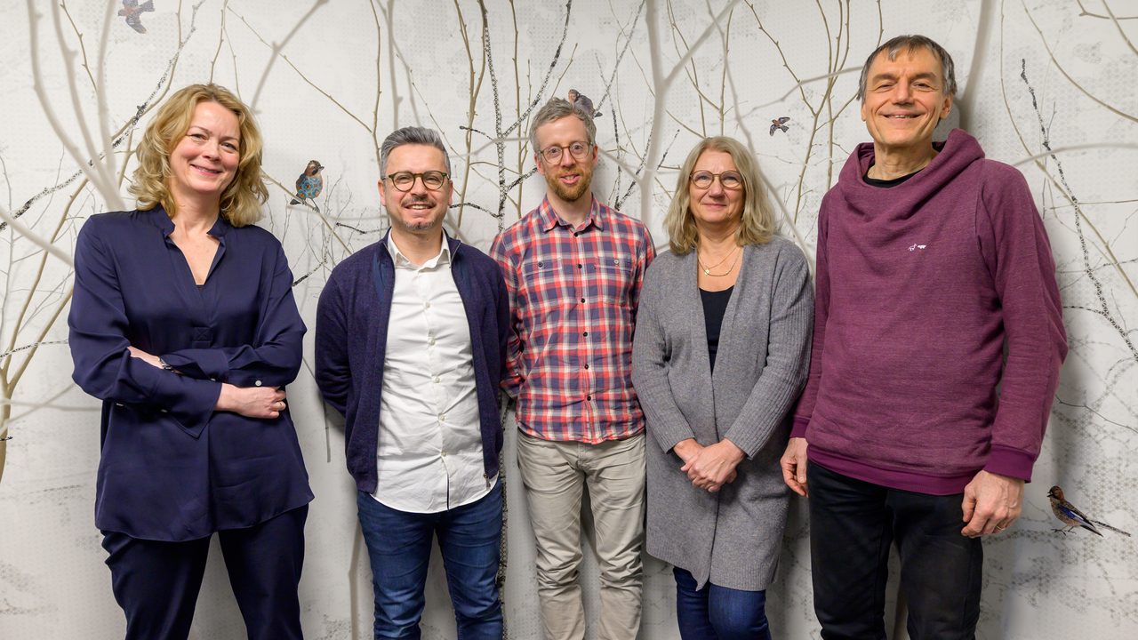 Five people standing in front of a wallpaper of a forest with birds