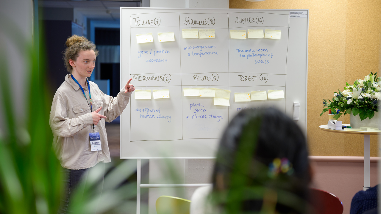 Josephine stands next to a whilte board with post-its and topics displayed in boxes.