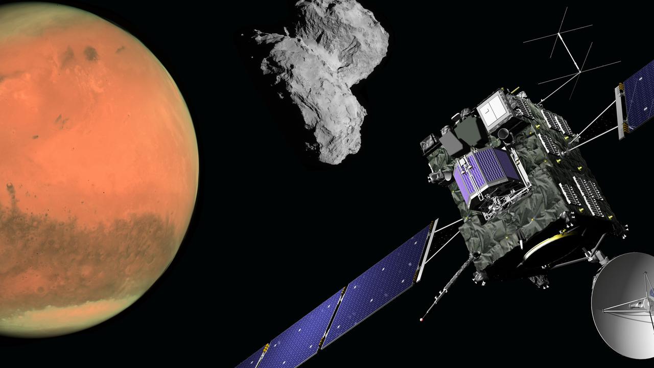 En konstnärs återgivning av en röd planet och en satellit satellit.