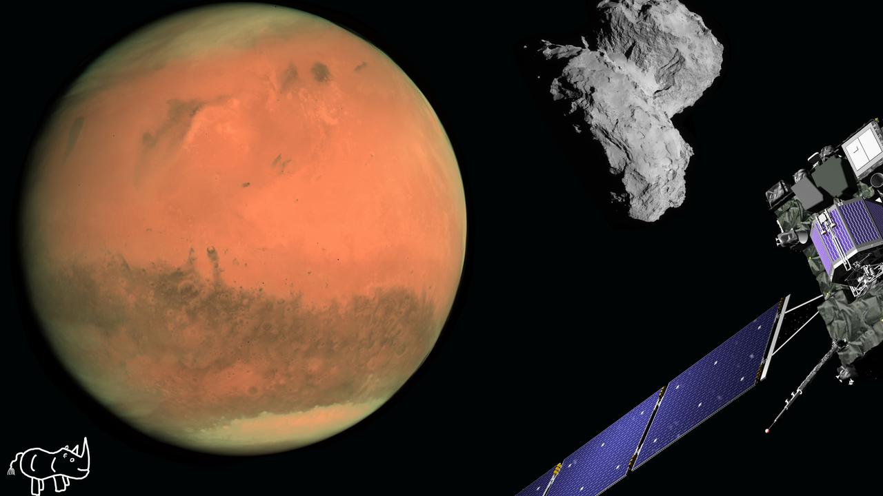 En konstnärs återgivning av en röd planet och en satellit satellit.