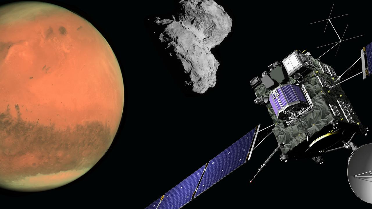 En konstnärs återgivning av en röd planet och en satellit satellit.