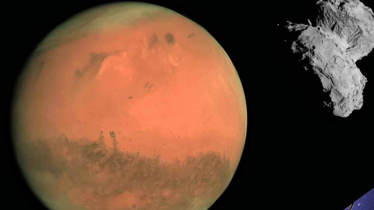 En konstnärs återgivning av en röd planet och en satellit satellit.