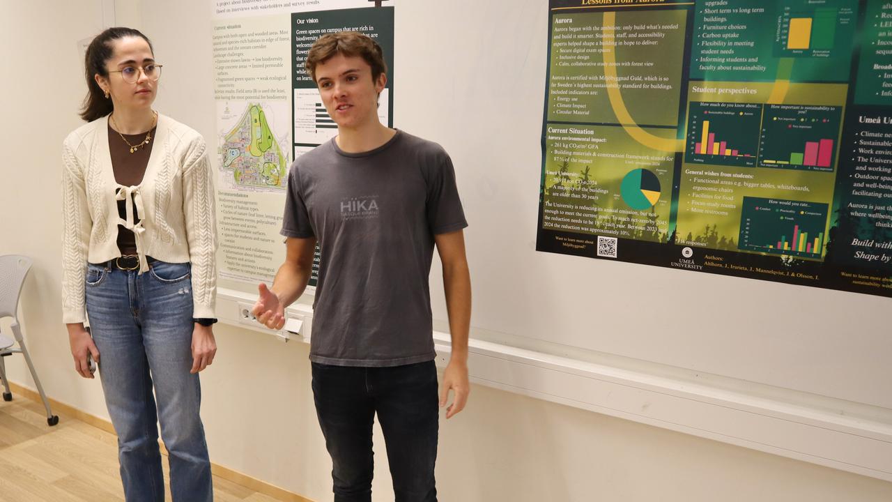 Bild på studenterna Jum Krolokowski och Jurgi Irurieta stående vid poster under redovisning av projektarbete.