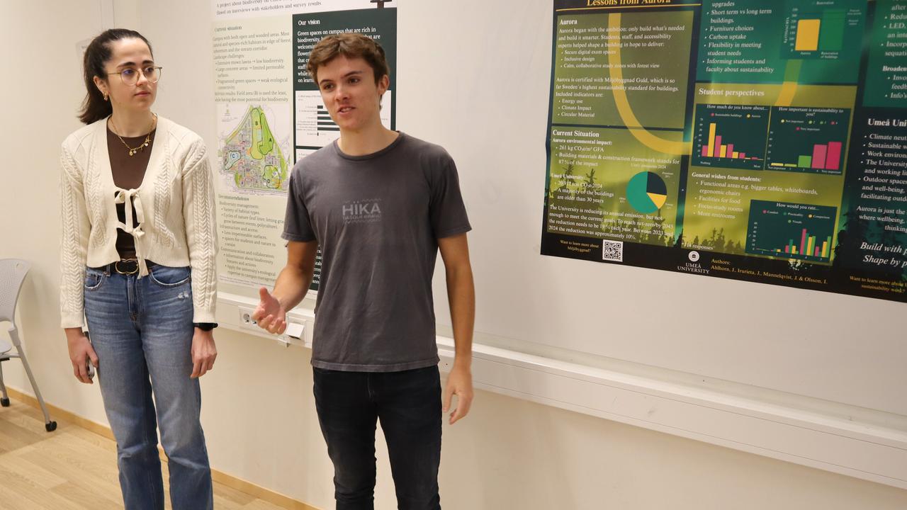 Bild på studenterna Jum Krolikowski och Jurgi Irurieta stående vid poster under redovisning av projektarbete.