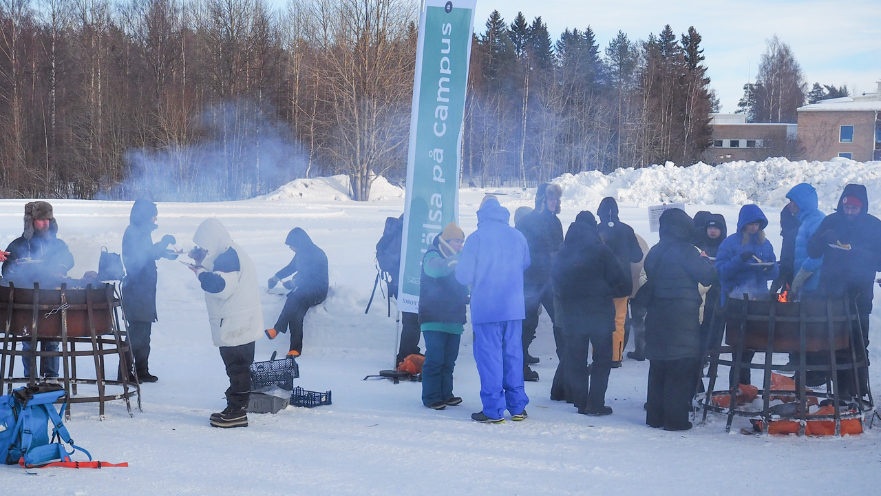 Studenter och medarbetare lagar vegetarisk mat utomhus på öppen eld.