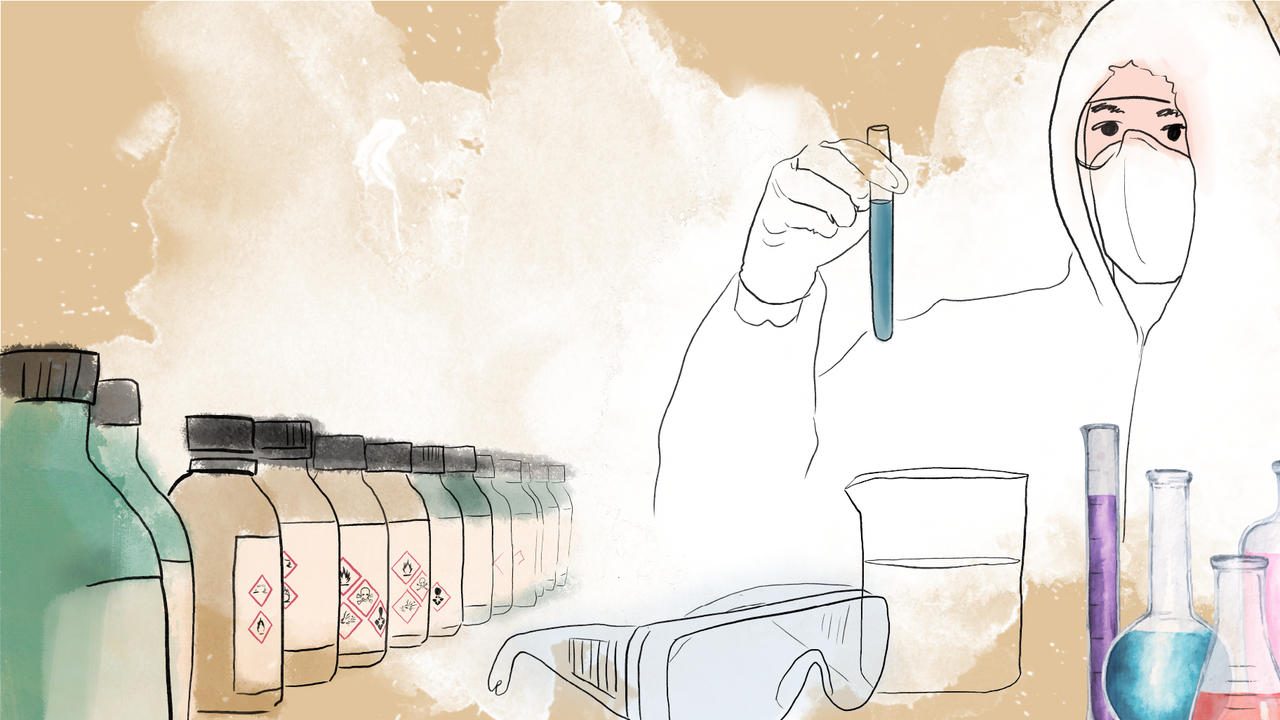 Illustration: person med skyddskläder håller i ett provrör, labbflaskor m.m.