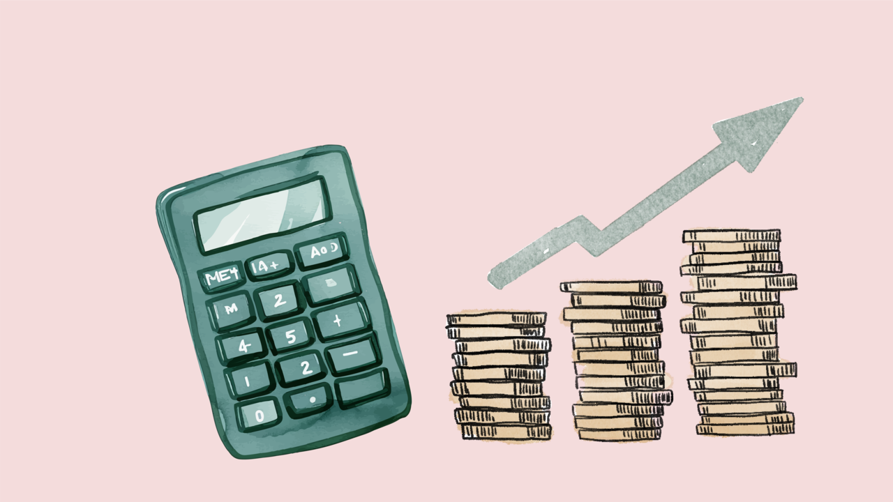 A calculator, a stack of coins and an arrow pointing diagonally upwards.