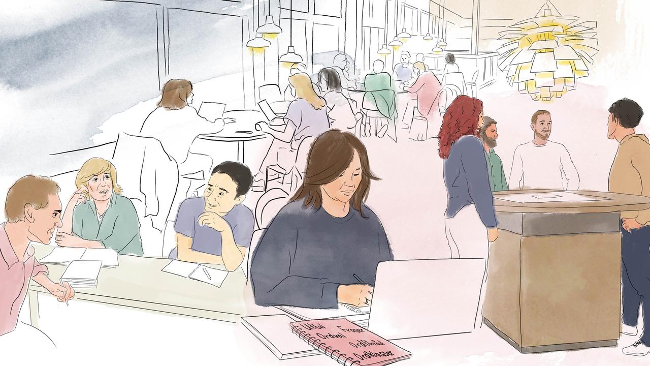 Illustrerad bild av många människor i olika studiesituationer i humanisthuset