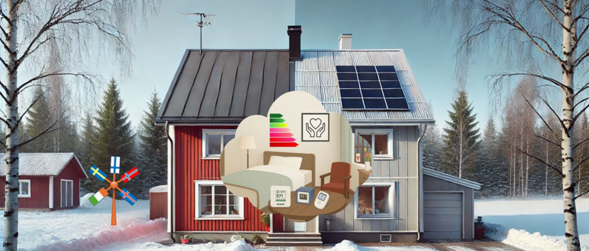 Illustration av ett renoverat hus med ny teknik