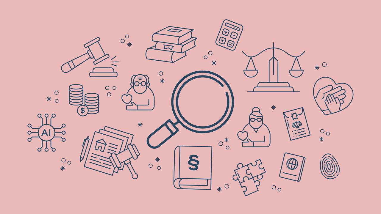 Ett förstoringsglas omgivet av juridiska ikoner på en rosa bakgrund.