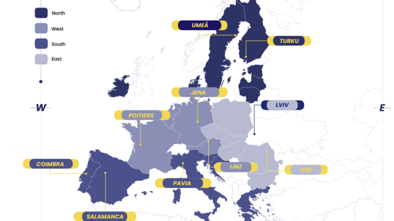 Illustrativ Europakarta som visar deltagande länder i alliansen EC2U