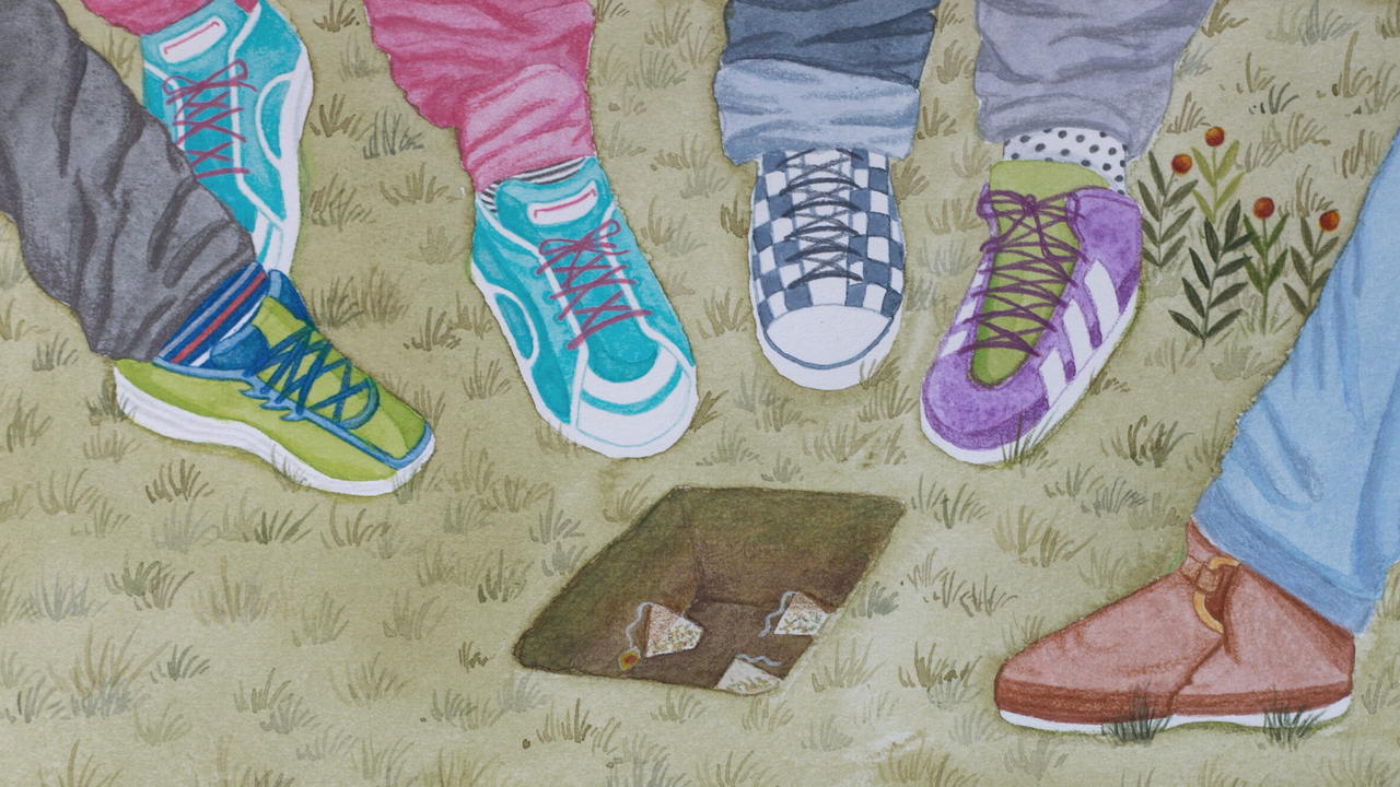 Teckning av gymnastikskor och elevers ben pekande mot en grop där tepåsar grävts ned i jorden.