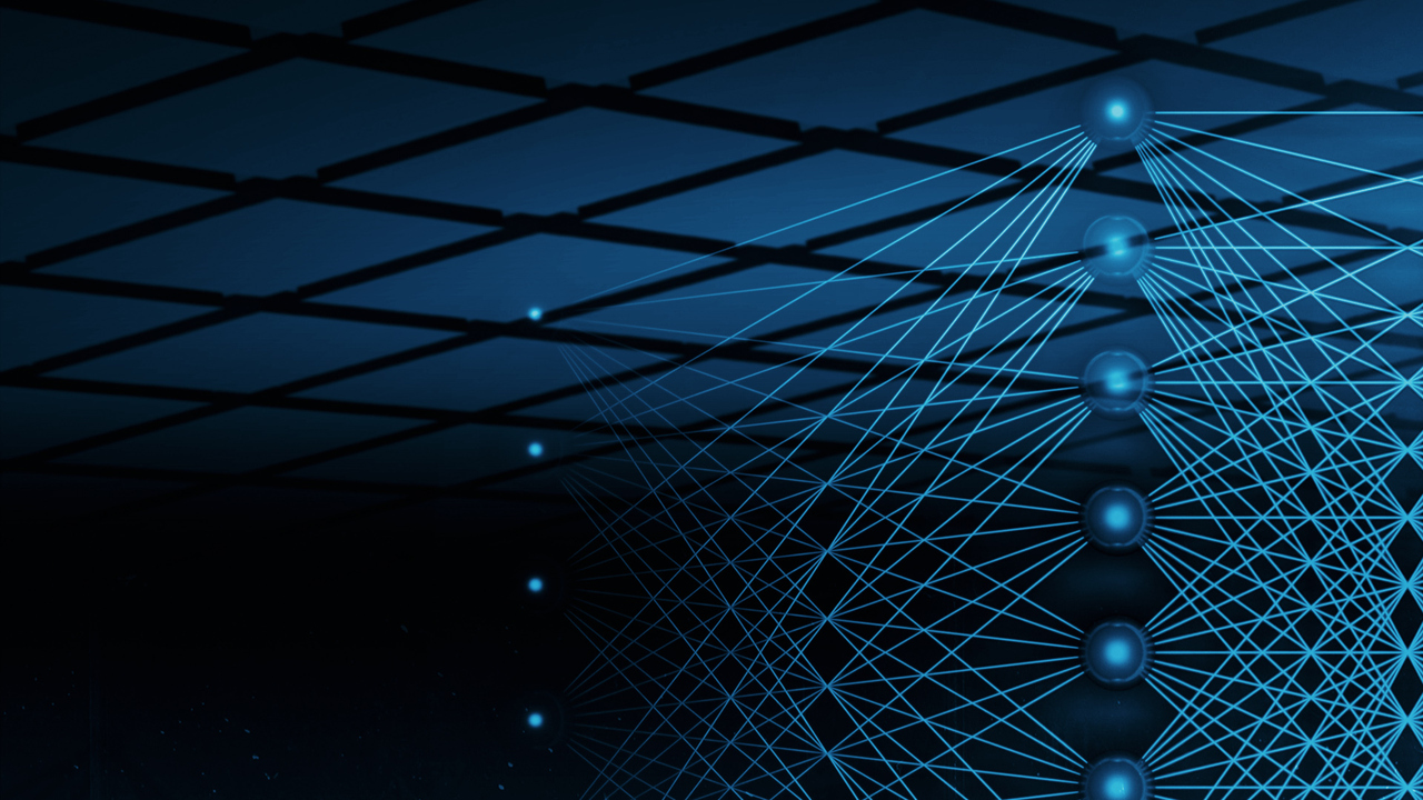 3D-illustration med neurala nätverk och ett blått människoansikte för att illustrera artificiell intelligens.