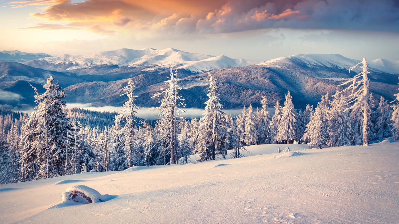 Färgstarkt vinterlandskap i soluppgång.
