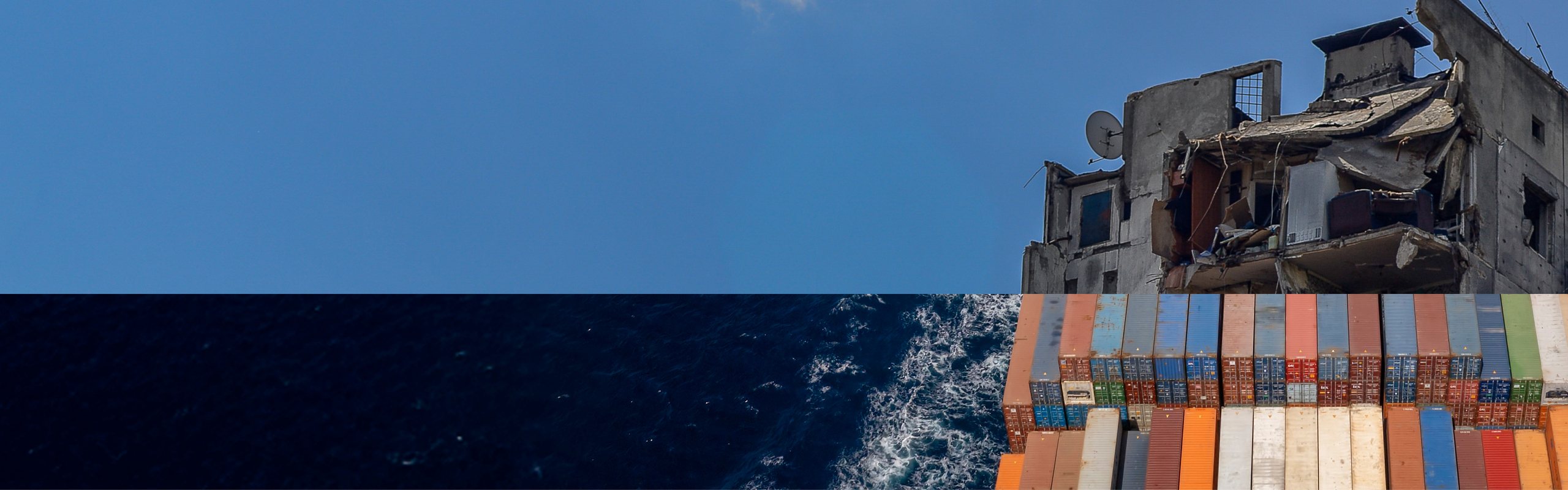 En tudelad bild där den nedre delen föreställer ett lastfartyg och den övre ett sprängt höghus.