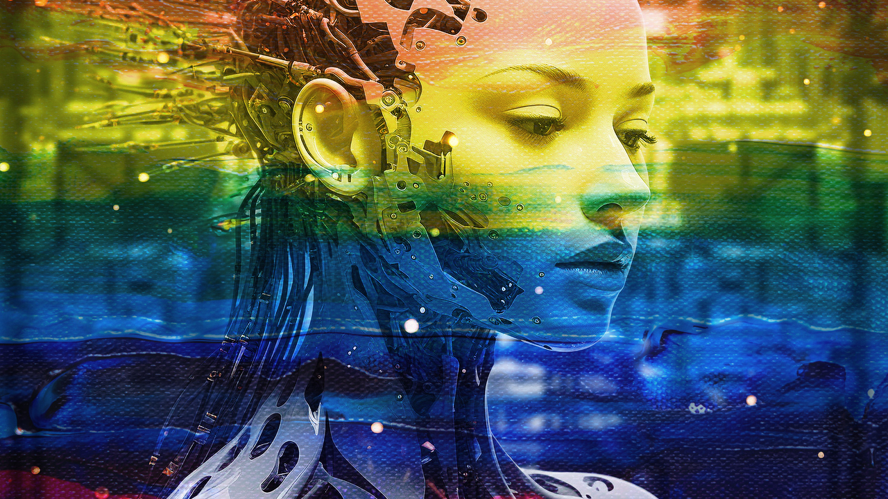 Kvinnligt kodad robot. Prideflagga.