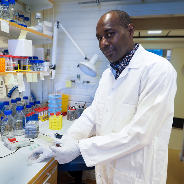 Ikenna Obi håller i en petriskål i labbet