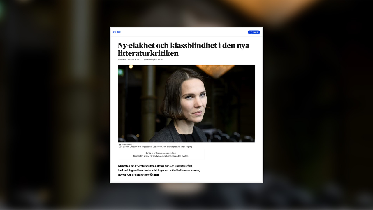 Skärmdump från VK.se som visar en krönika av Annelie Bränström-Öhman. Lyra Ekström Lindbäck från podcasten Gästabudet syns i bilden.