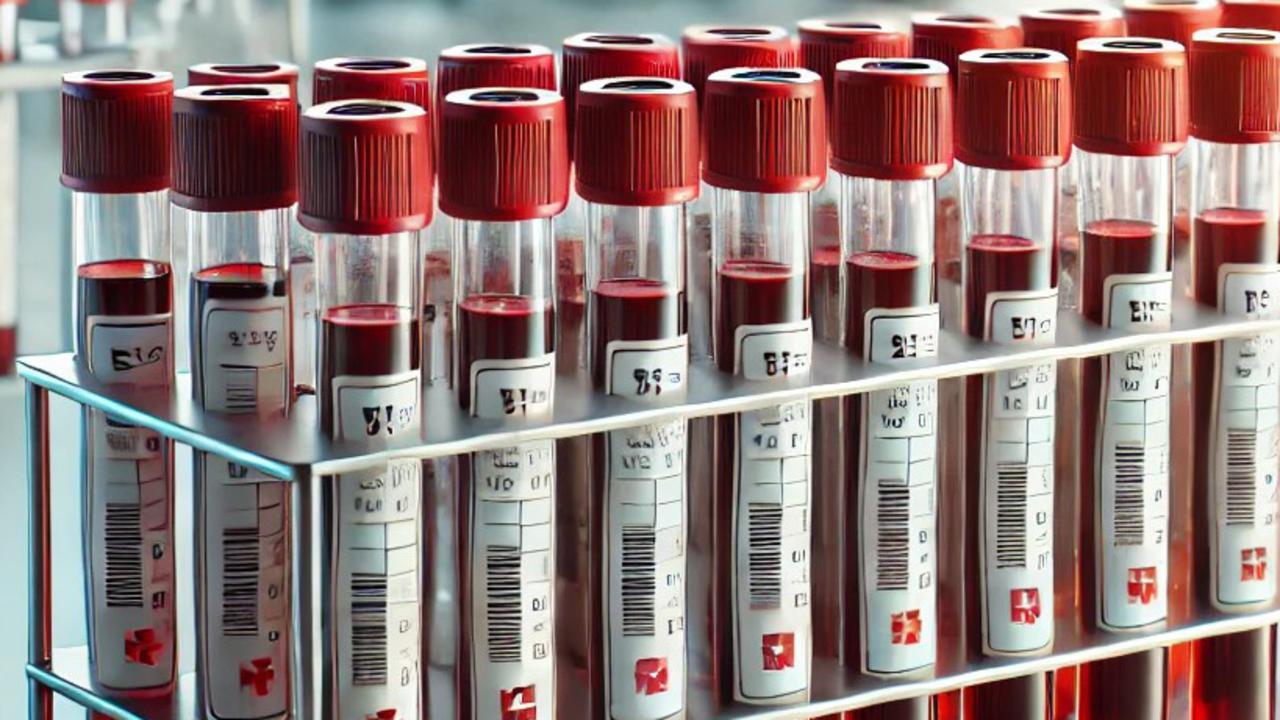 En rad blodprovsrör fyllda med blod
