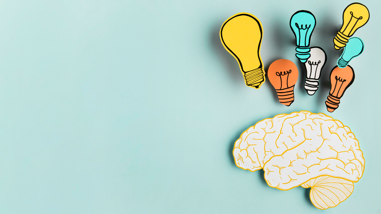 Illustration i form av glödlampor ovanför en hjärna. För att illustrera idé eller idégenerering.