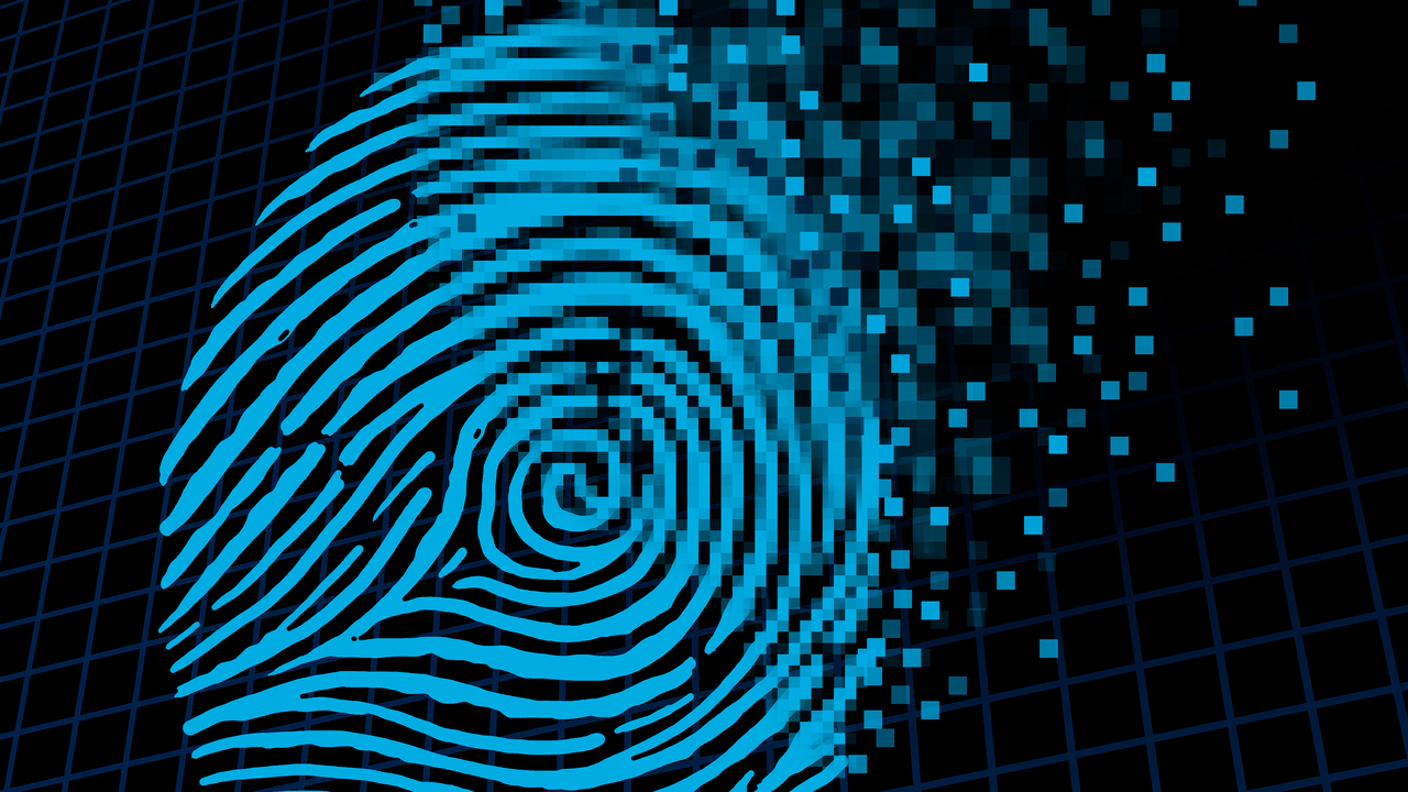 Illustration of a blue thumb print on a black background.