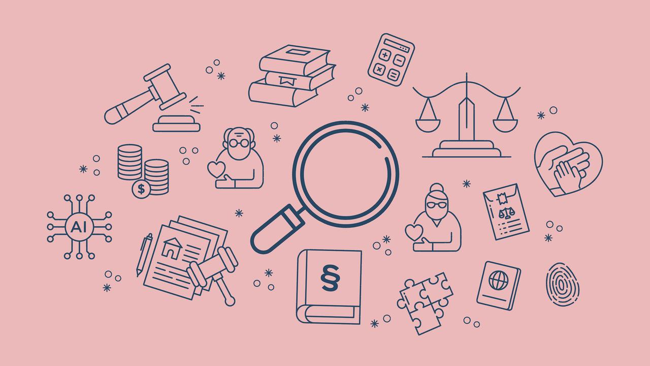 Ett förstoringsglas omgivet av juridiska ikoner på en rosa bakgrund.