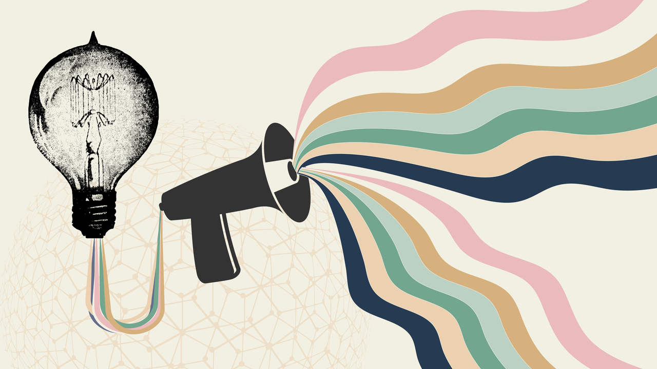 Glödlampa, megafon och virvlar. Illustration.