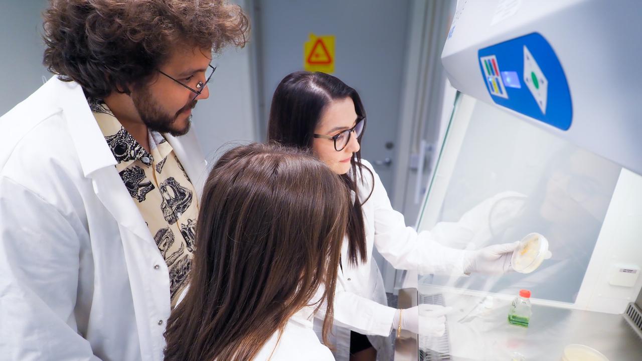 Alef dos Santos, Merve Yesilbas and the student assistant by a fume hood