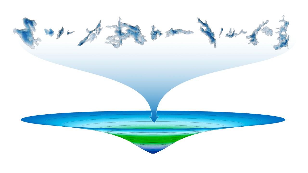 En ritad bild av sjöar med olika färger som hälls ner i en tratt. Tratten har samma färger som sjöarna.