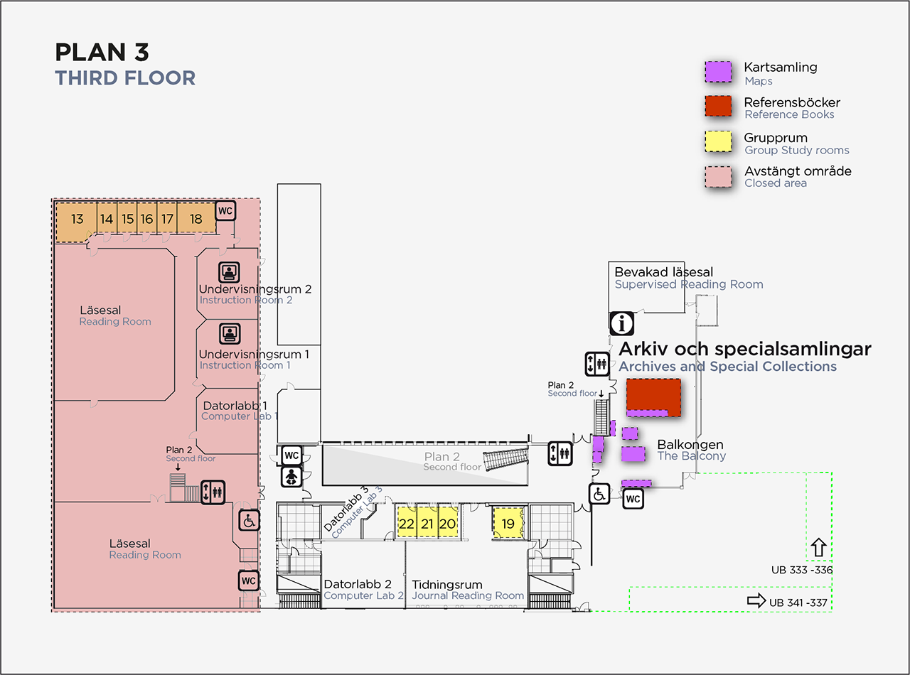 En karta som visar plan 3 på universitetsbiblioteket