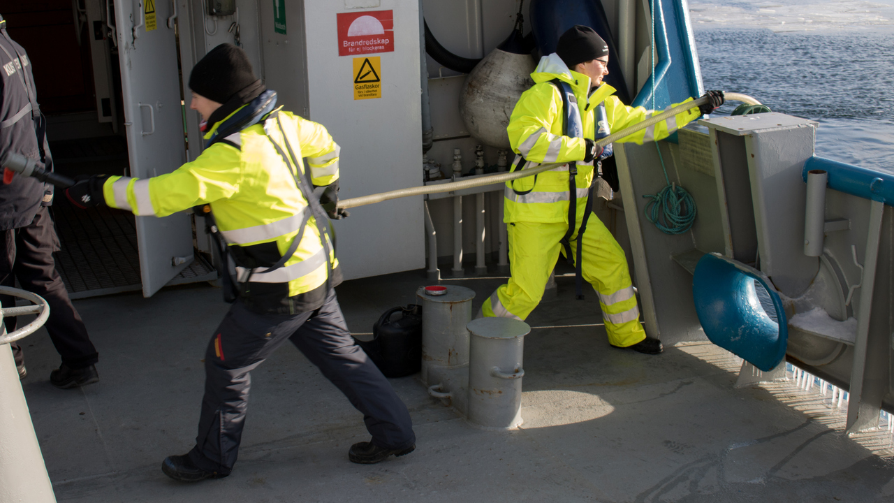 Två personer i gula overaller drar upp en lång slang över relingen på ett fartyg