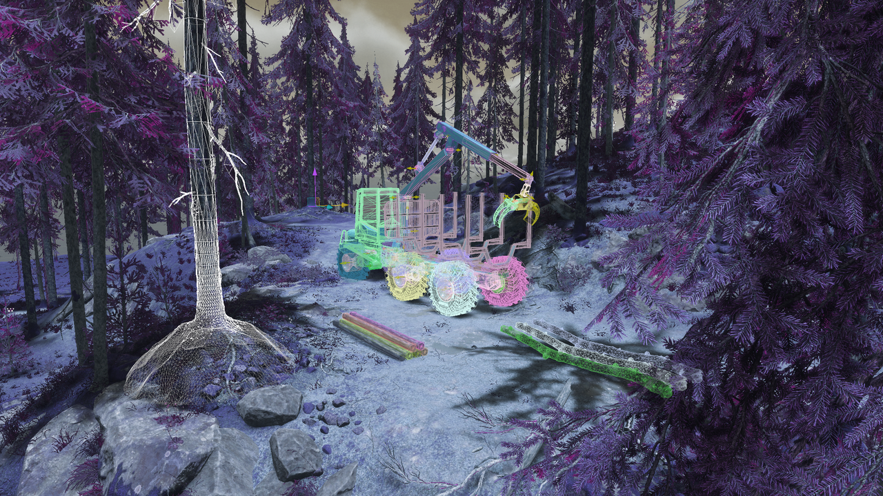 Digital bild av maskin i skog.