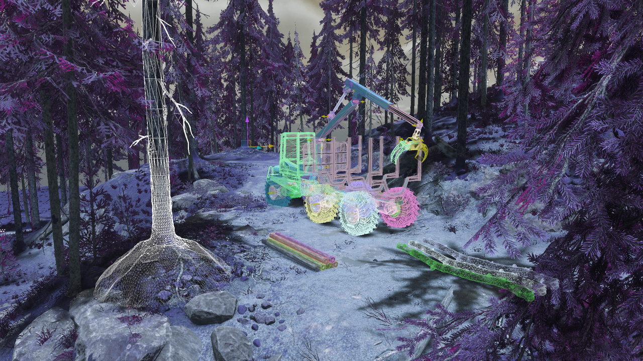 Digital bild av maskin i skog.