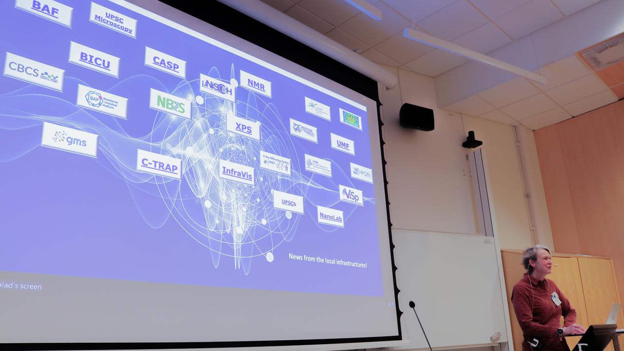 A woman standing in front of a projector screen.