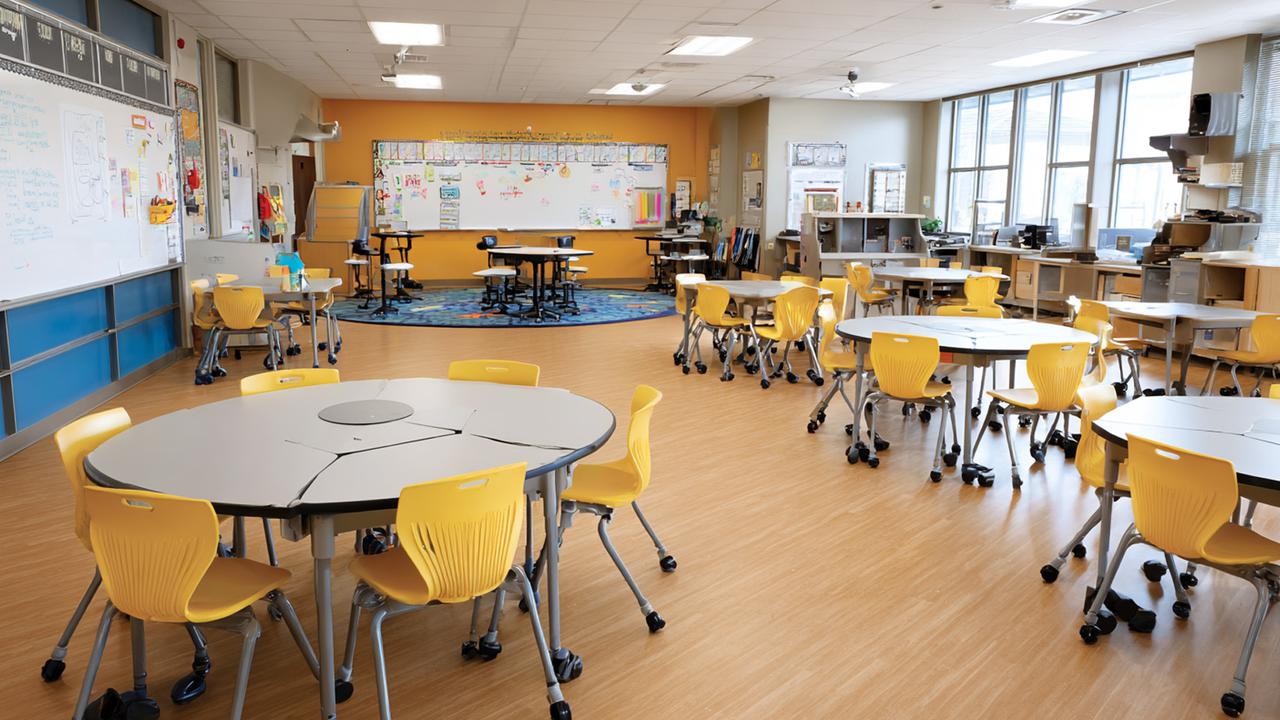 Ett klassrum med gula stolar och en whiteboardtavla.