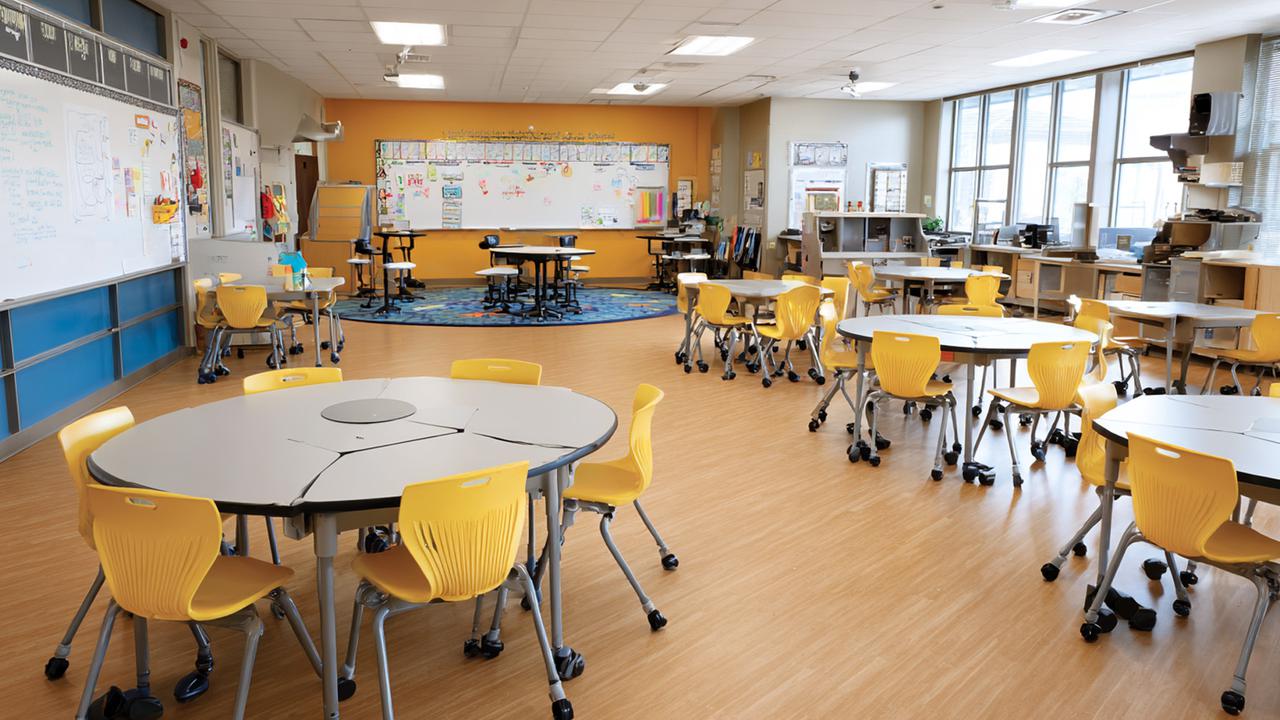 Ett klassrum med gula stolar och en whiteboardtavla.