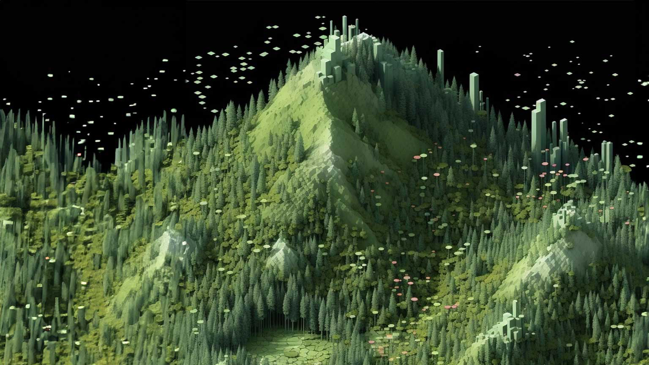 Digital rendering av ett skogsparti.