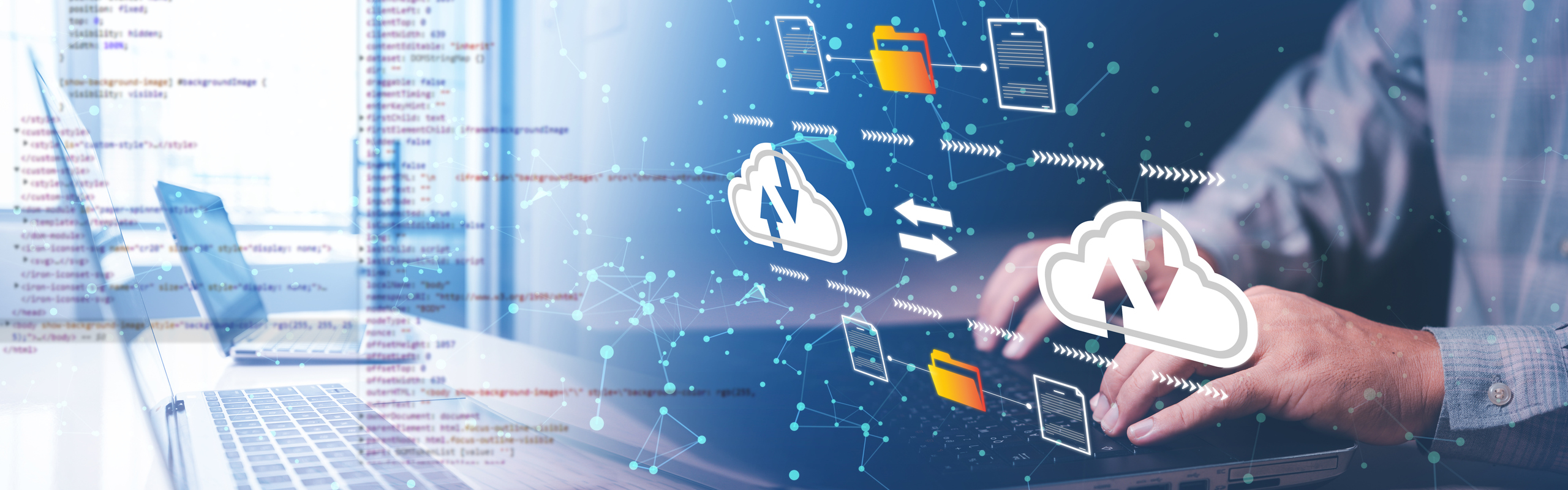 En illustration där man ser en person sitta med laptop och inslag av olika tekniska möjligheter vad gäller moln och IT.