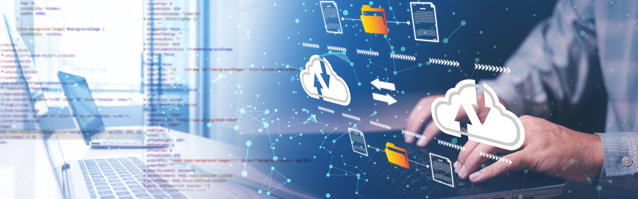 En illustration där man ser en person sitta med laptop och inslag av olika tekniska möjligheter vad gäller moln och IT.