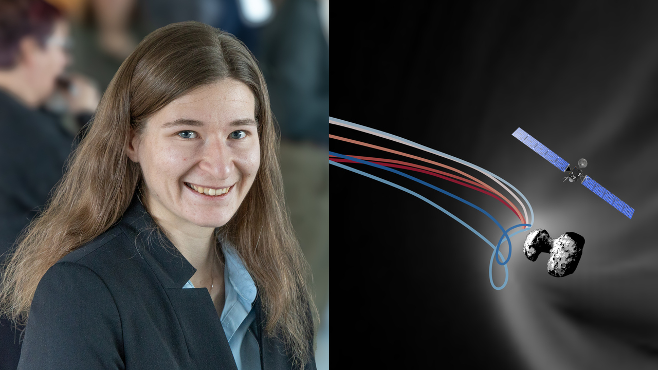 Delad bild med porträtt på en kvinna och en satellit