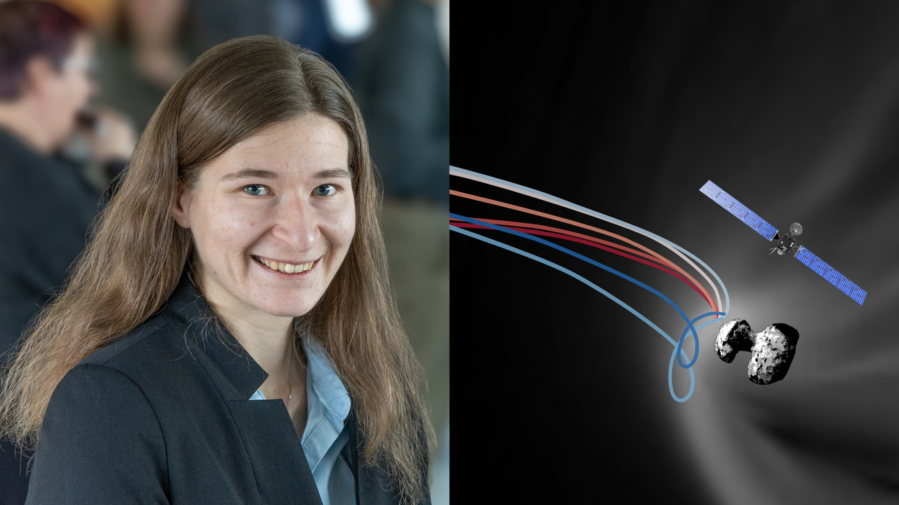 Delad bild med porträtt på en kvinna och en satellit