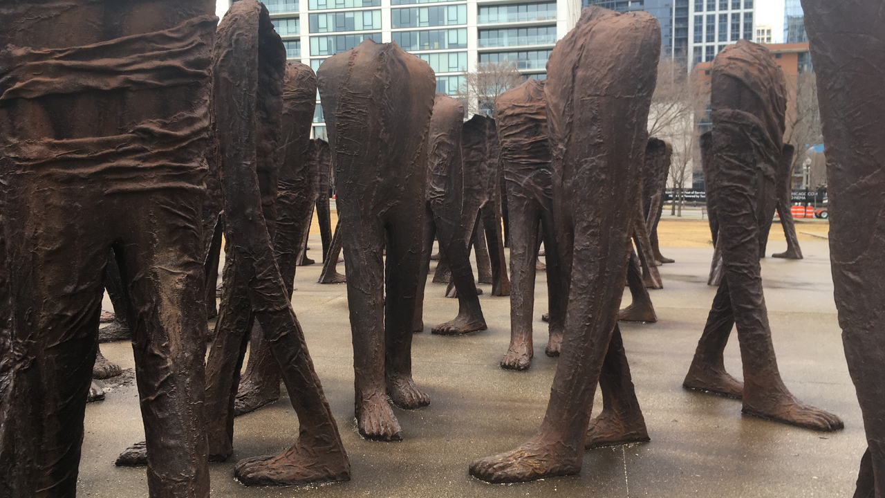 Headless and armless iron sculptures at the south end of Grant Park in Chicago.