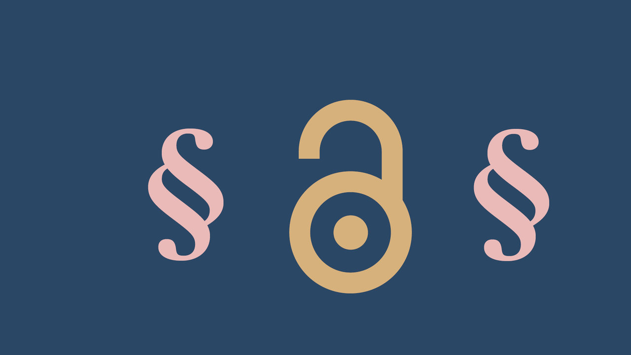 Open padlock surrounded by the paragraph symbol for laws.